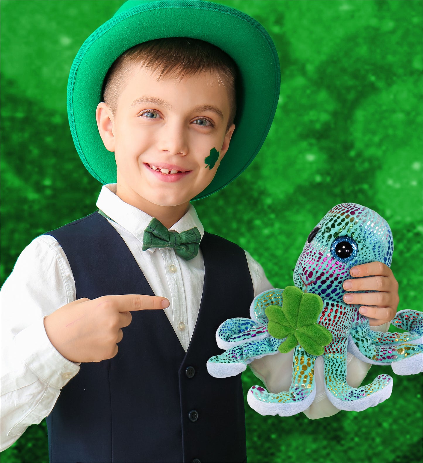 DolliBu Iridescent Rainbow Octopus Plush Toy with Green Plush Shamrock - 9 Inch
