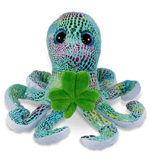 DolliBu Iridescent Rainbow Octopus Plush Toy with Green Plush Shamrock - 9 Inch