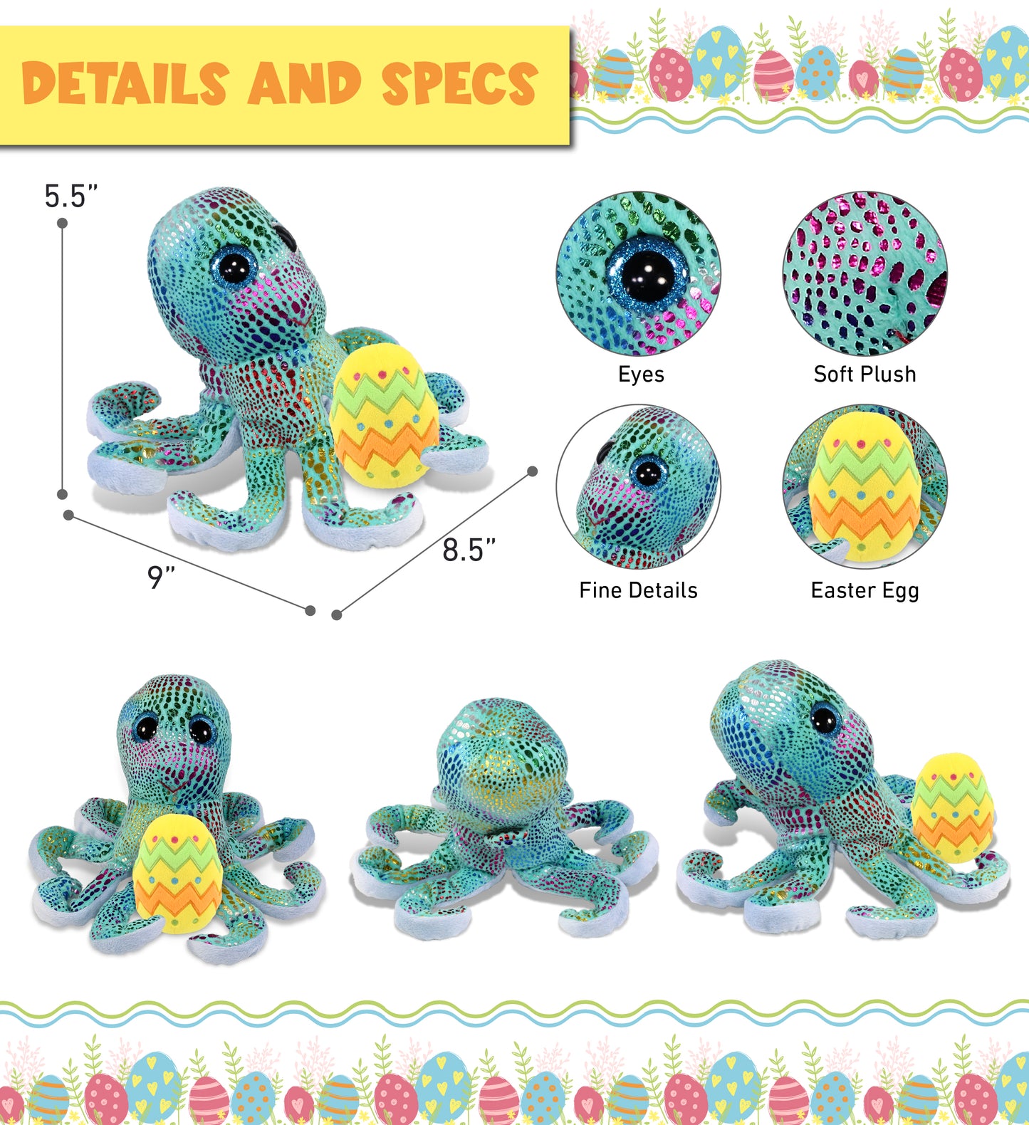 DolliBu Big Eye Iridescent Rainbow Octopus with Yellow Easter Egg Plush, 9 Inch