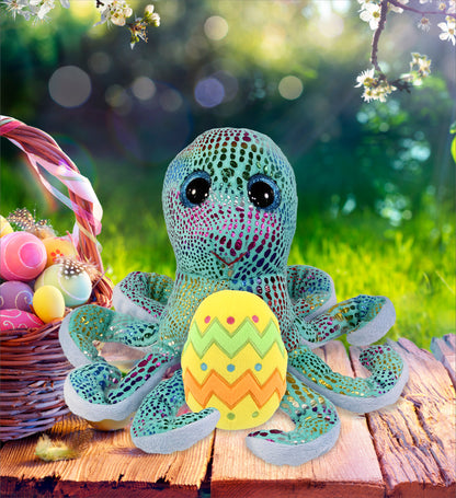 DolliBu Big Eye Iridescent Rainbow Octopus with Yellow Easter Egg Plush, 9 Inch