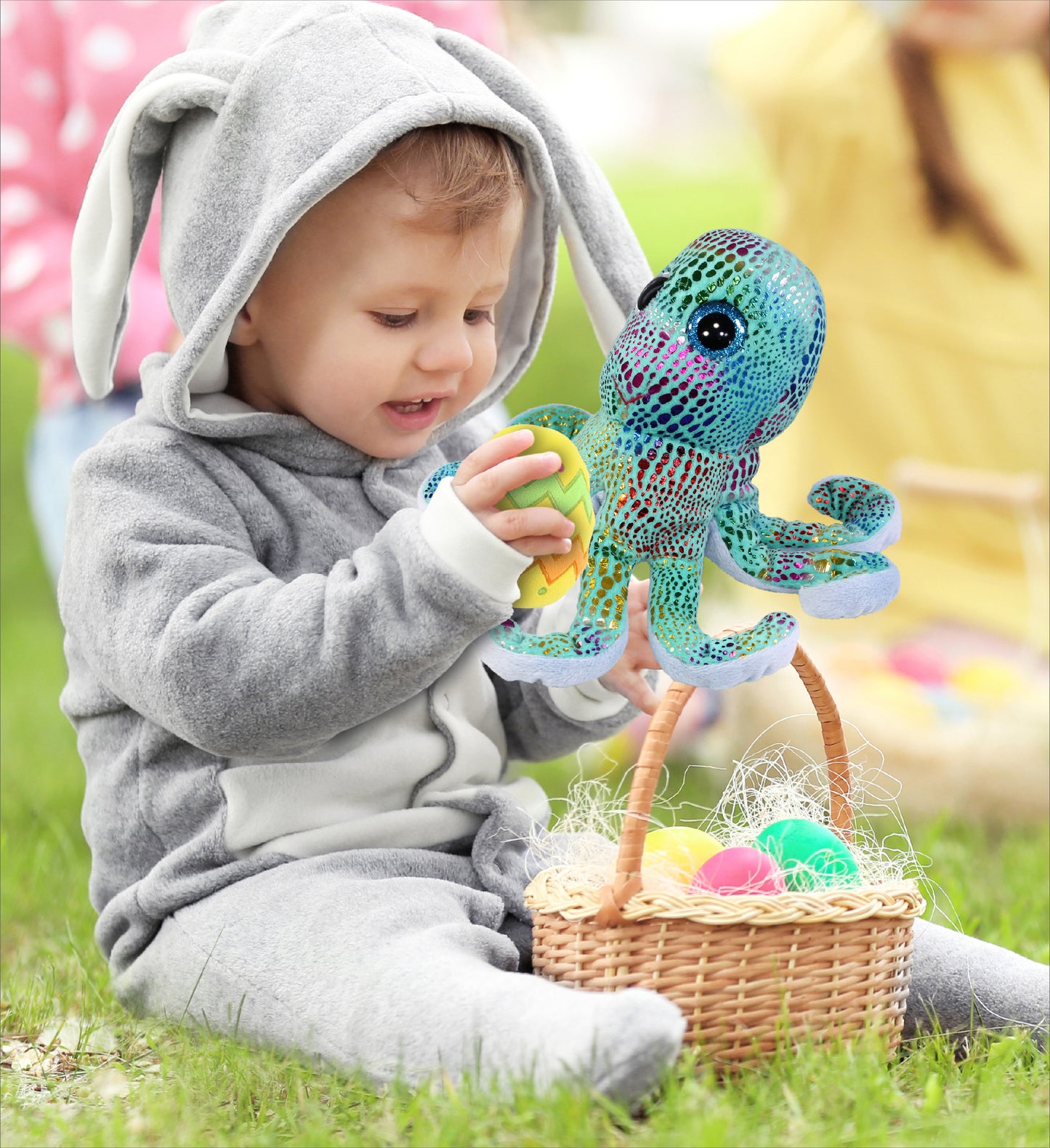 DolliBu Big Eye Iridescent Rainbow Octopus with Yellow Easter Egg Plush, 9 Inch