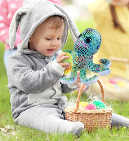 DolliBu Big Eye Iridescent Rainbow Octopus with Yellow Easter Egg Plush, 9 Inch