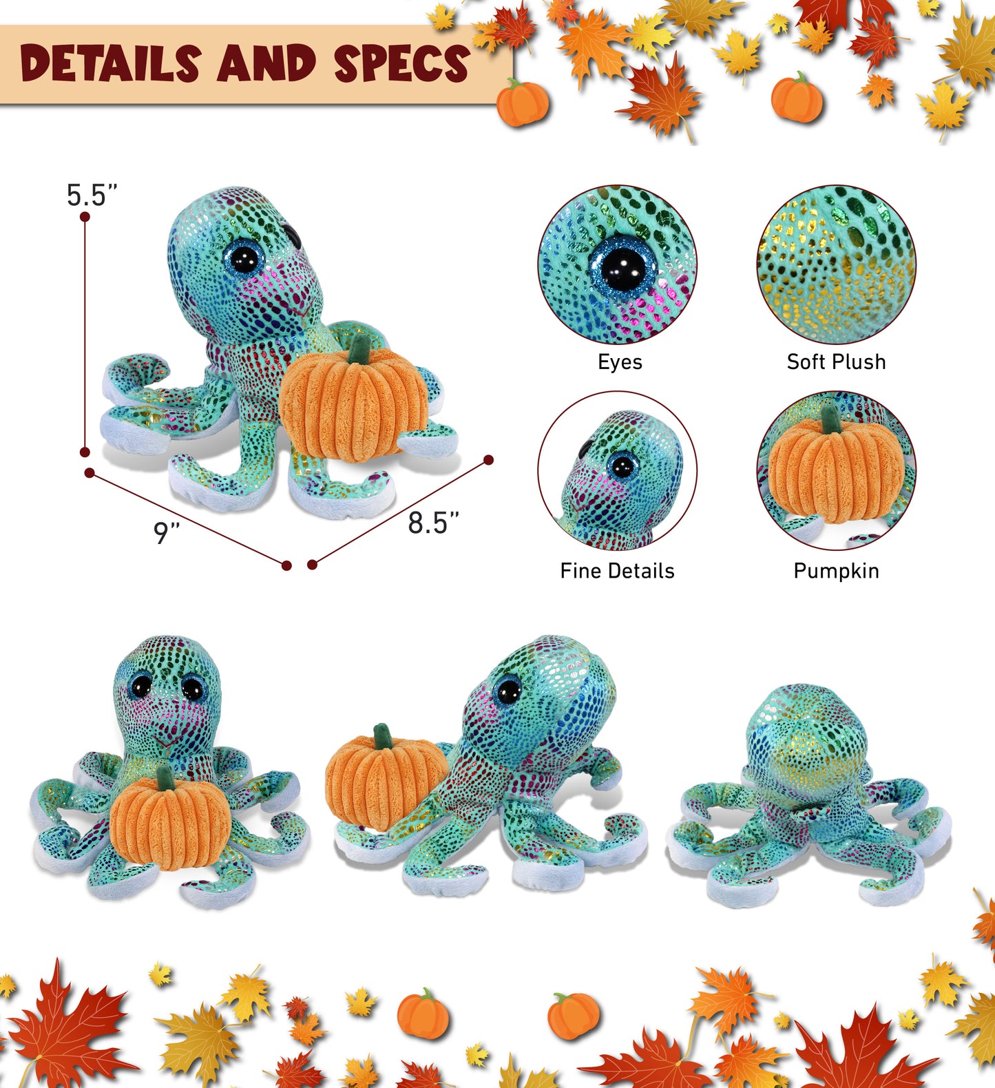 BIG EYE PLUSH - IRIDESCENT RAINBOW OCTOPUS WITH PUMPKIN PLUSH
