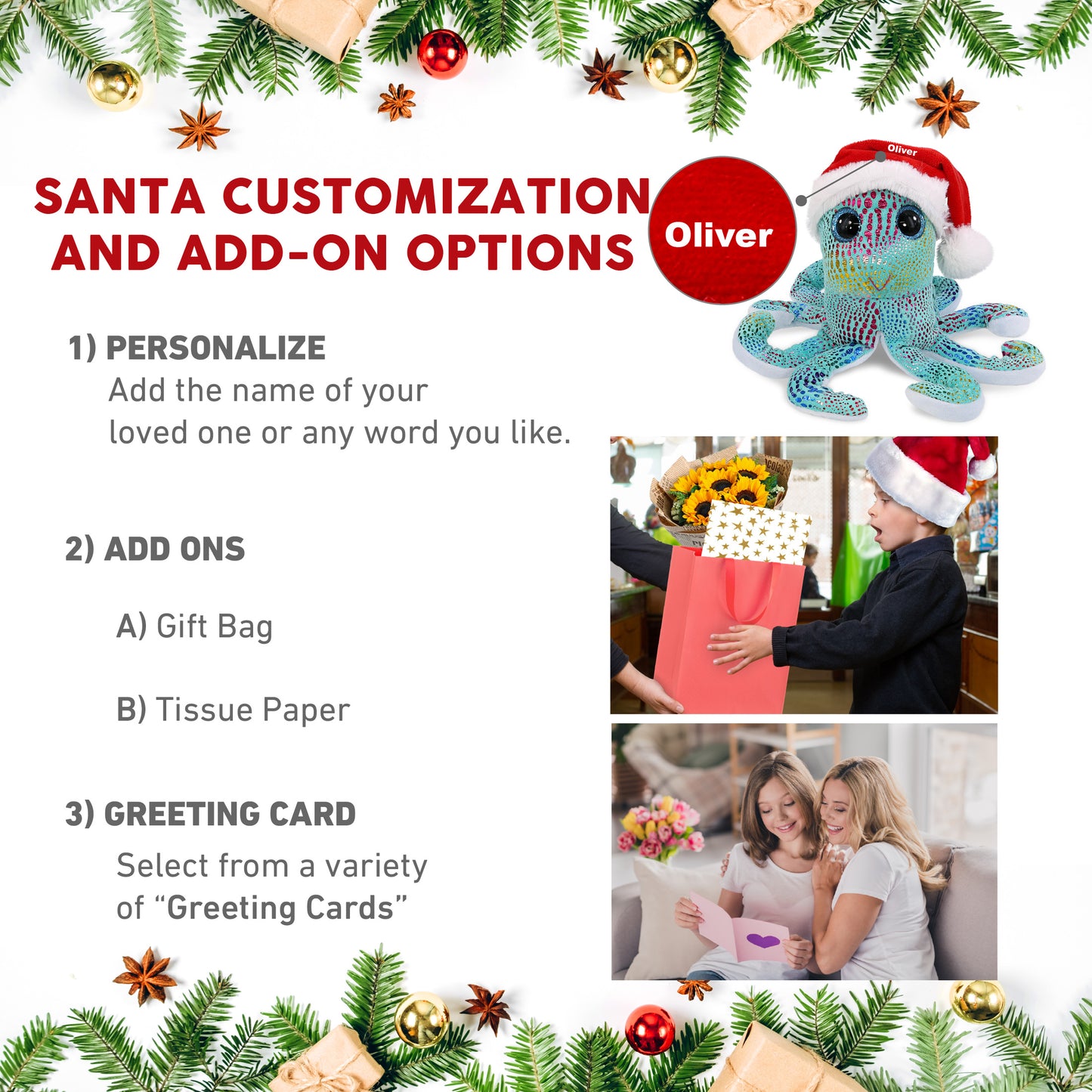 BIG EYE PLUSH - IRIDESCENT RAINBOW OCTOPUS WITH SANTA DRESS UP