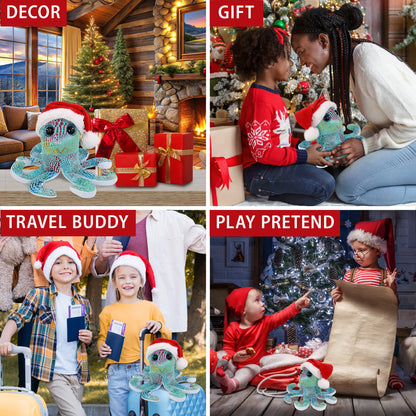 BIG EYE PLUSH - IRIDESCENT RAINBOW OCTOPUS WITH SANTA DRESS UP