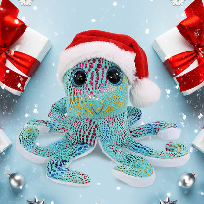 BIG EYE PLUSH - IRIDESCENT RAINBOW OCTOPUS WITH SANTA DRESS UP