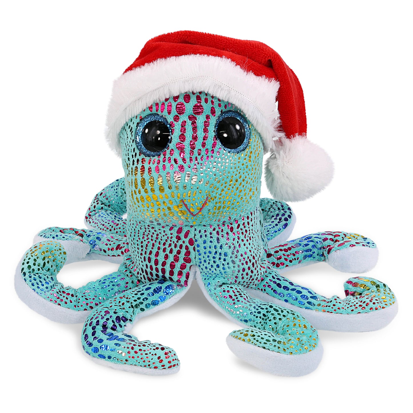 BIG EYE PLUSH - IRIDESCENT RAINBOW OCTOPUS WITH SANTA DRESS UP