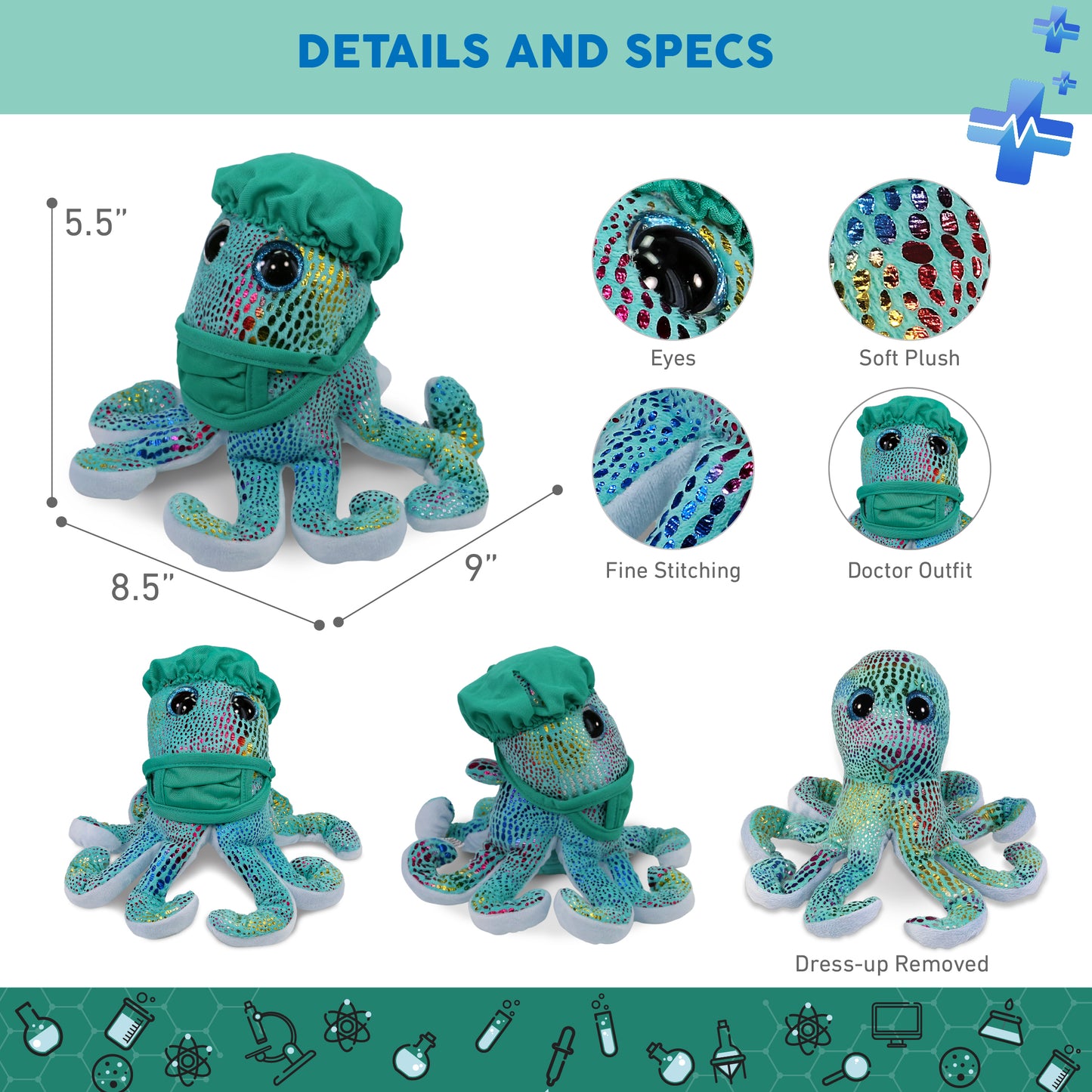 BIG EYE PLUSH - IRIDESCENT RAINBOW OCTOPUS WITH DOCTOR DRESS UP