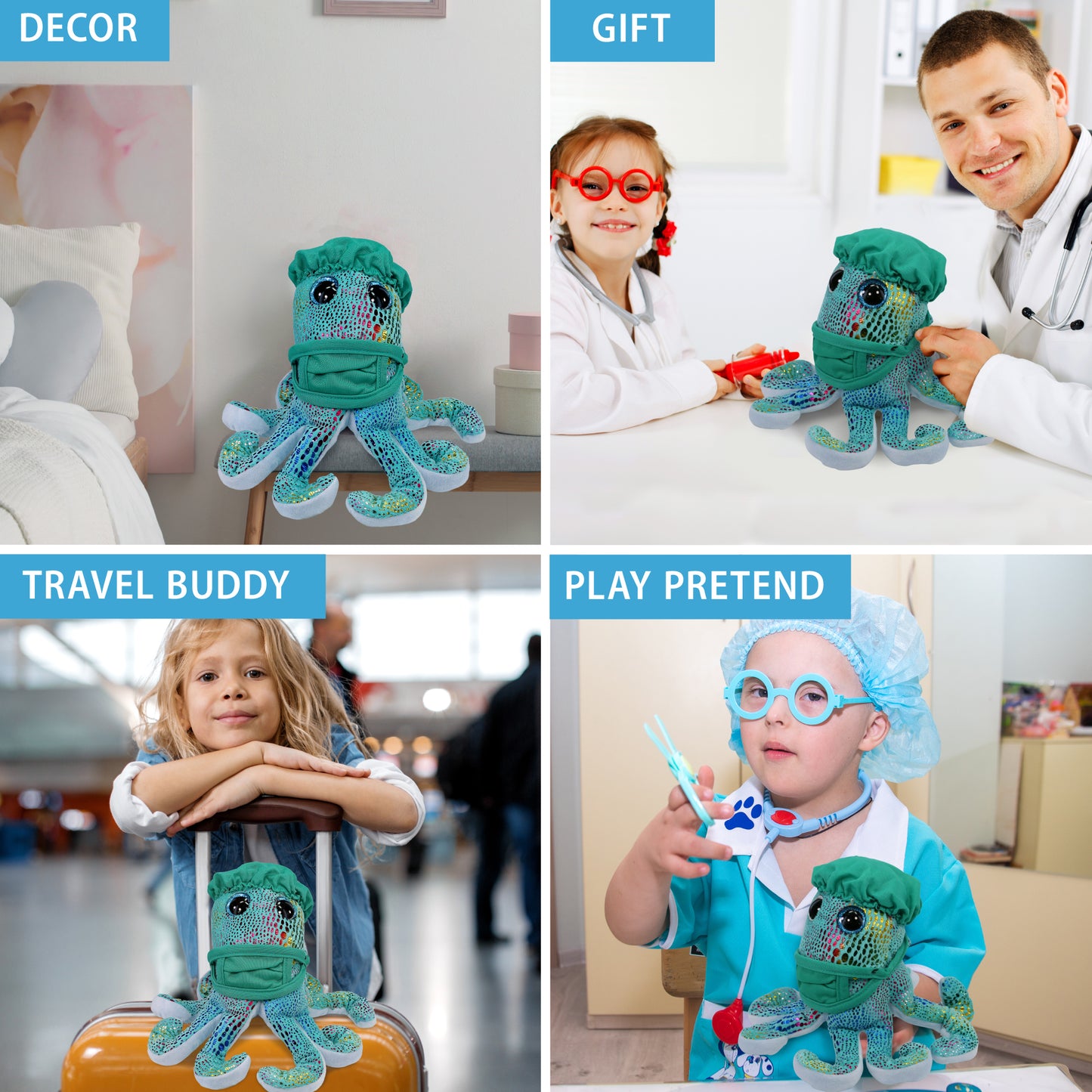 BIG EYE PLUSH - IRIDESCENT RAINBOW OCTOPUS WITH DOCTOR DRESS UP