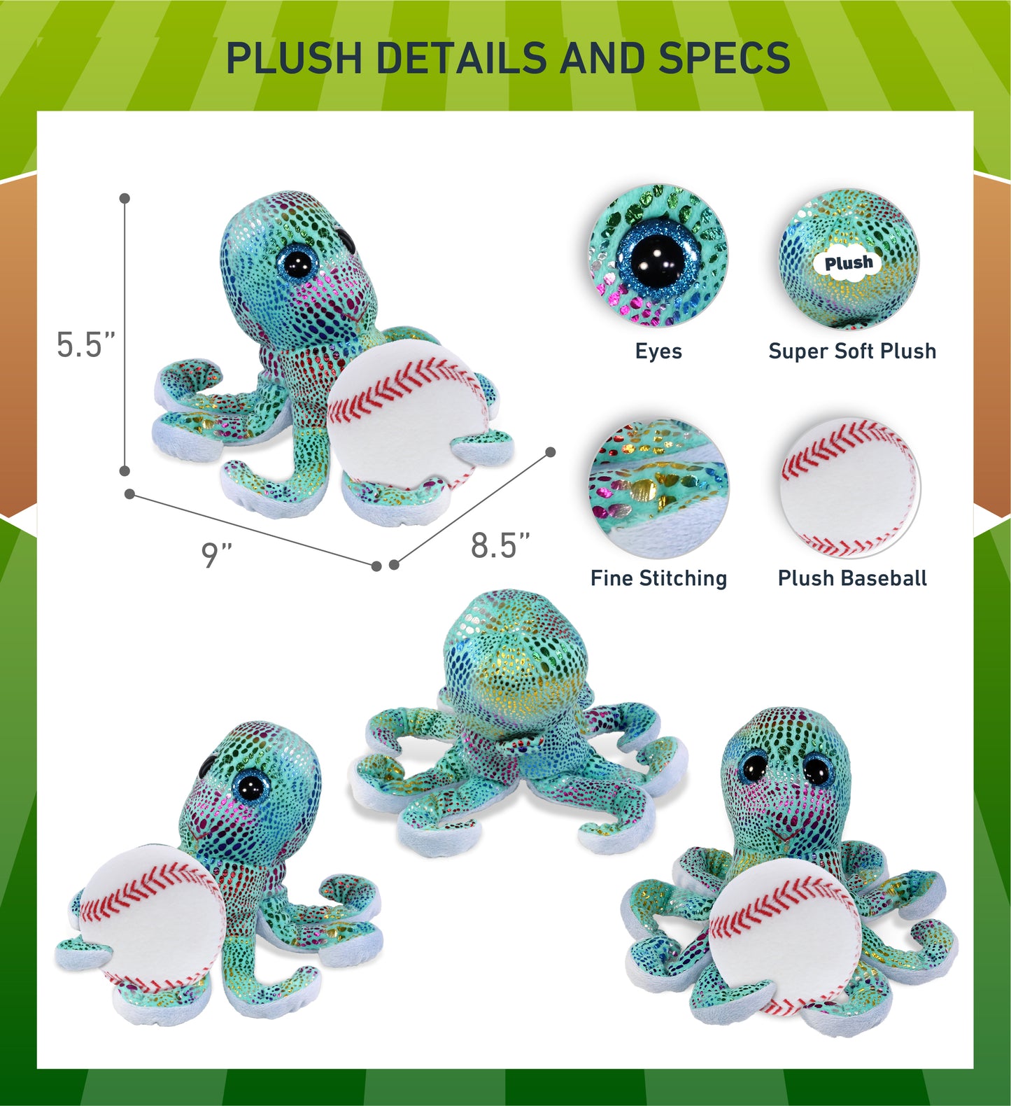 BIG EYE PLUSH - IRIDESCENT RAINBOW OCTOPUS WITH BASEBALL PLUSH