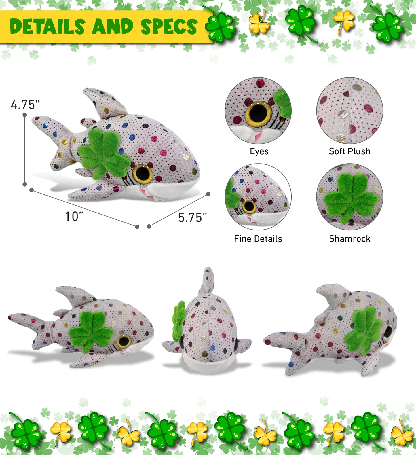 DolliBu Big Eye Dotted Shark Stuffed Animal with Green Plush Shamrock - 10 Inch