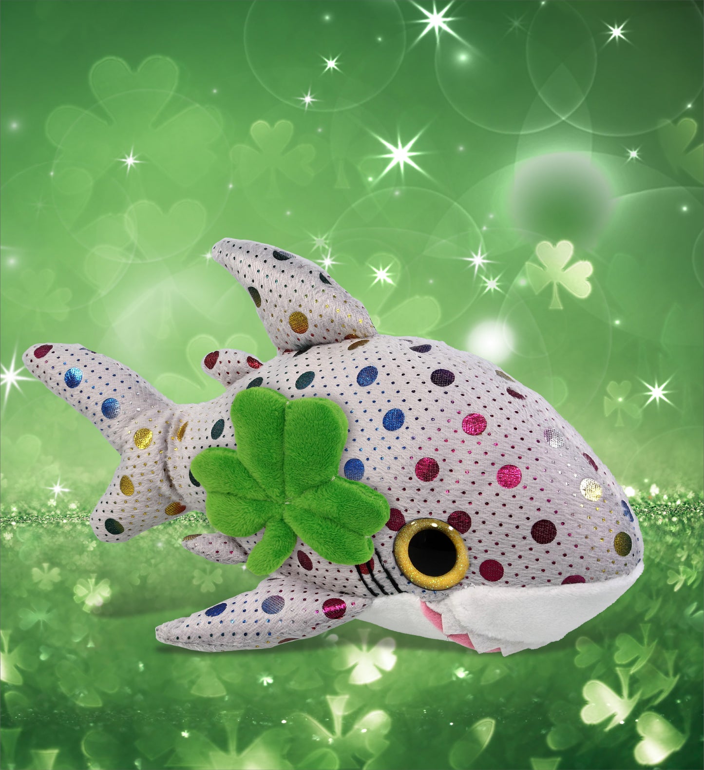DolliBu Big Eye Dotted Shark Stuffed Animal with Green Plush Shamrock - 10 Inch