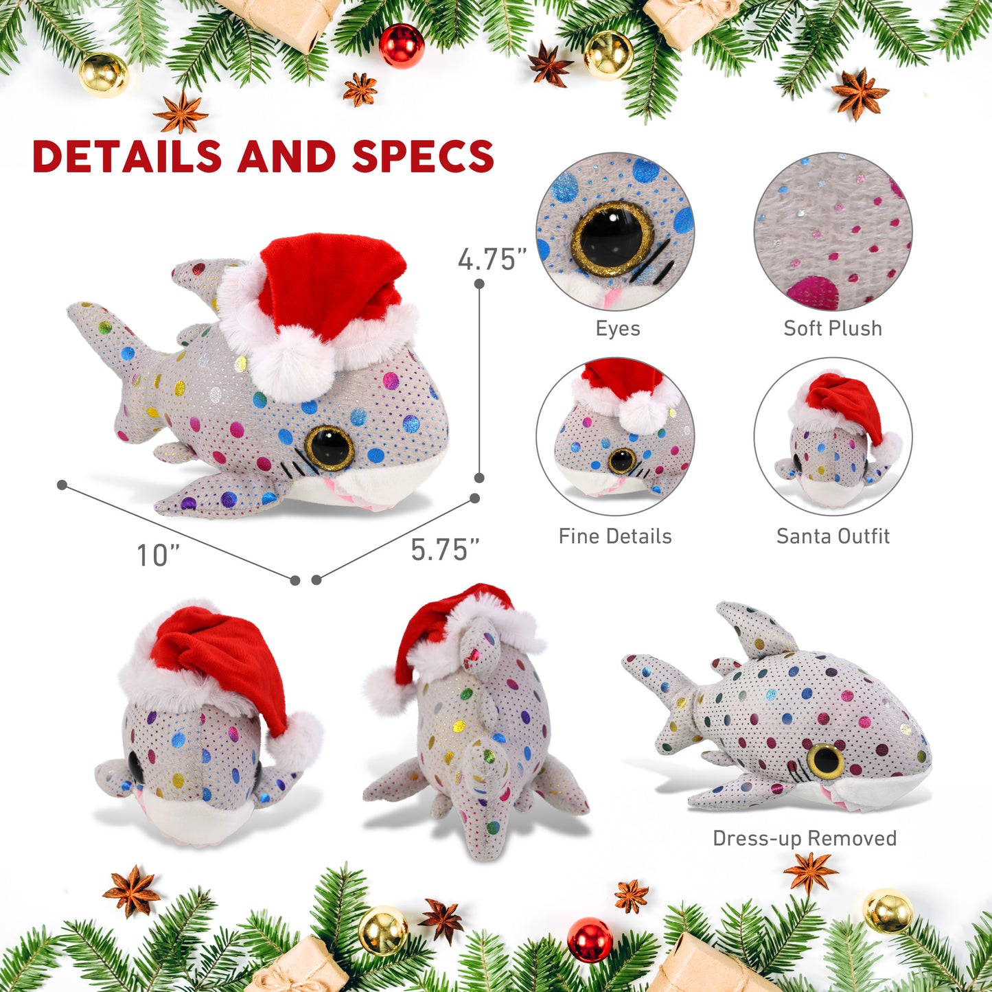 BIG EYE PLUSH - DOTTED SHARK WITH SANTA DRESS UP