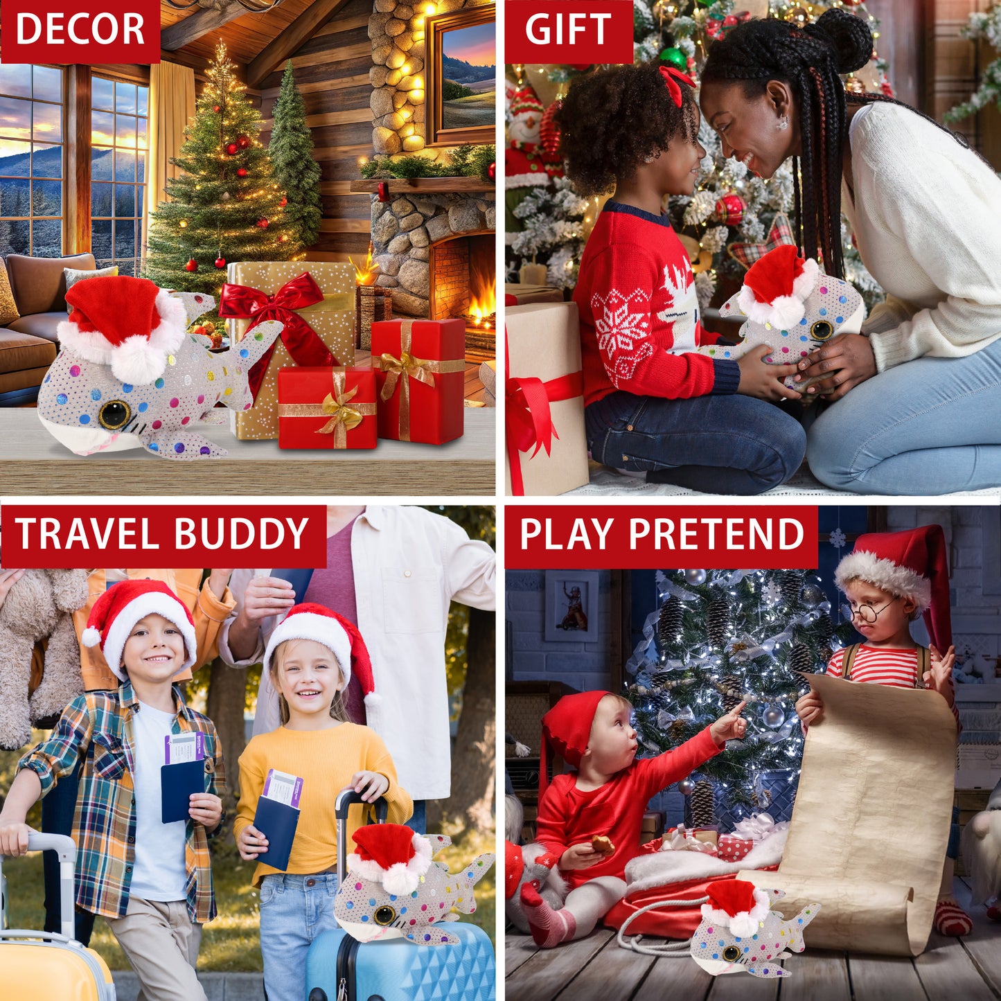 BIG EYE PLUSH - DOTTED SHARK WITH SANTA DRESS UP