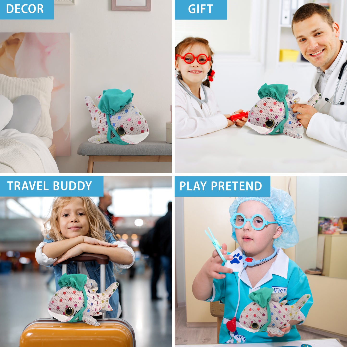 BIG EYE PLUSH - DOTTED SHARK WITH DOCTOR DRESS UP