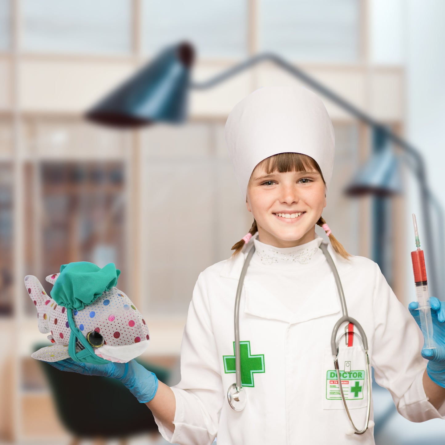 BIG EYE PLUSH - DOTTED SHARK WITH DOCTOR DRESS UP