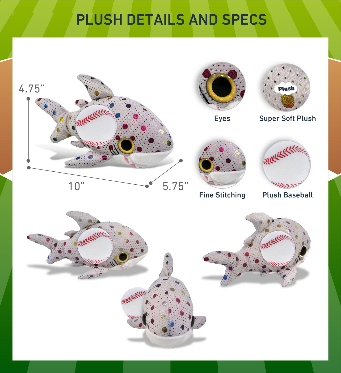 BIG EYE PLUSH - DOTTED SHARK WITH BASEBALL PLUSH