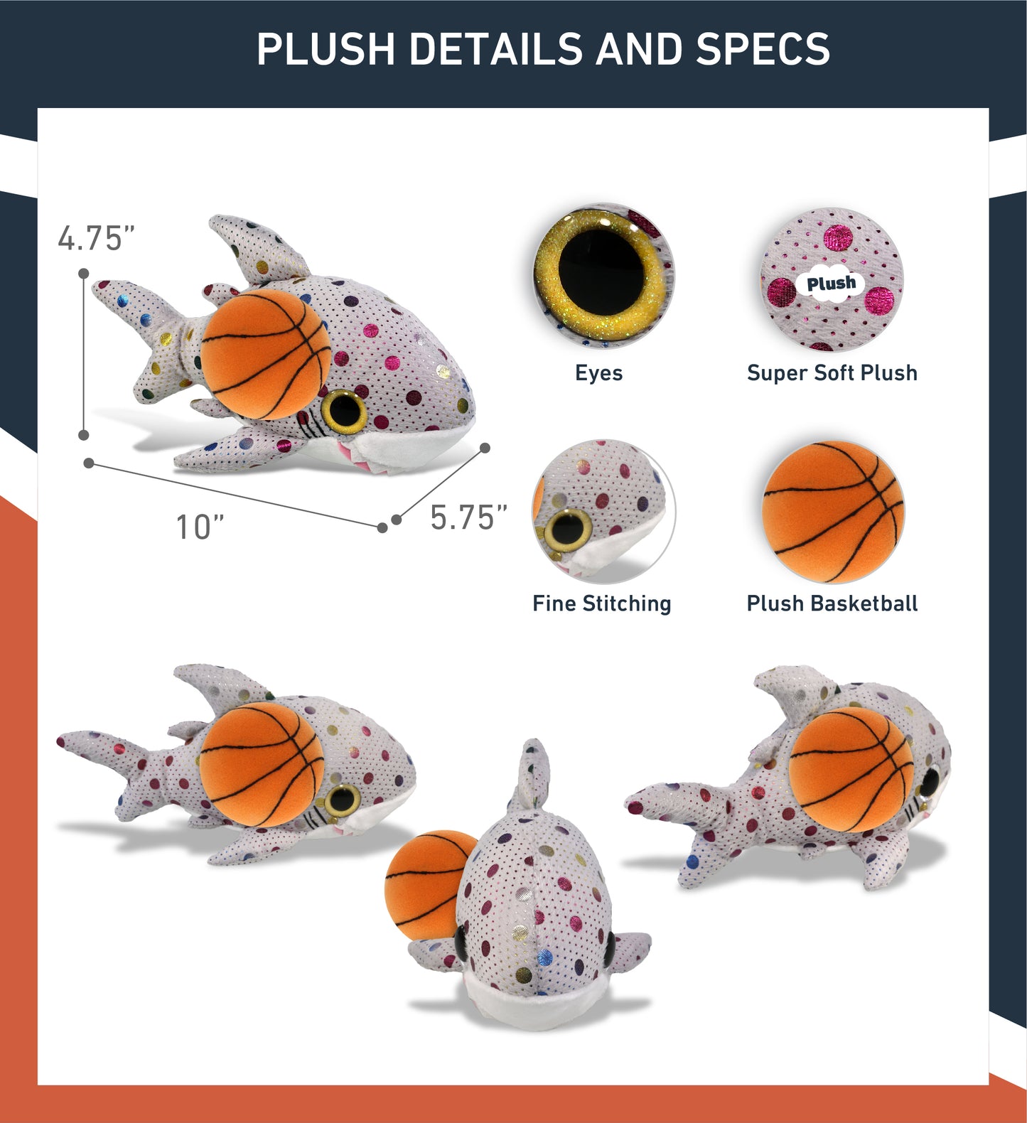 BIG EYE PLUSH - DOTTED SHARK WITH BASKETBALL PLUSH
