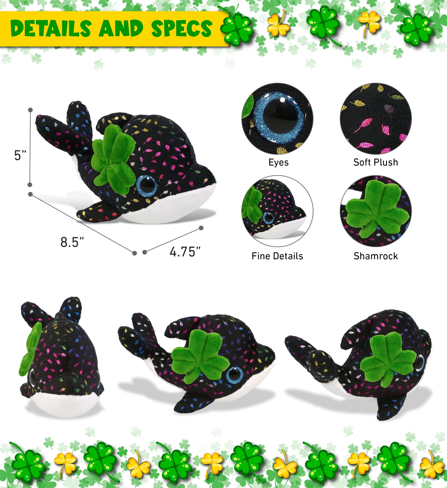 DolliBu Big Eye Orca Whale Stuffed Animal with Green Plush Shamrock - 8.5 Inch