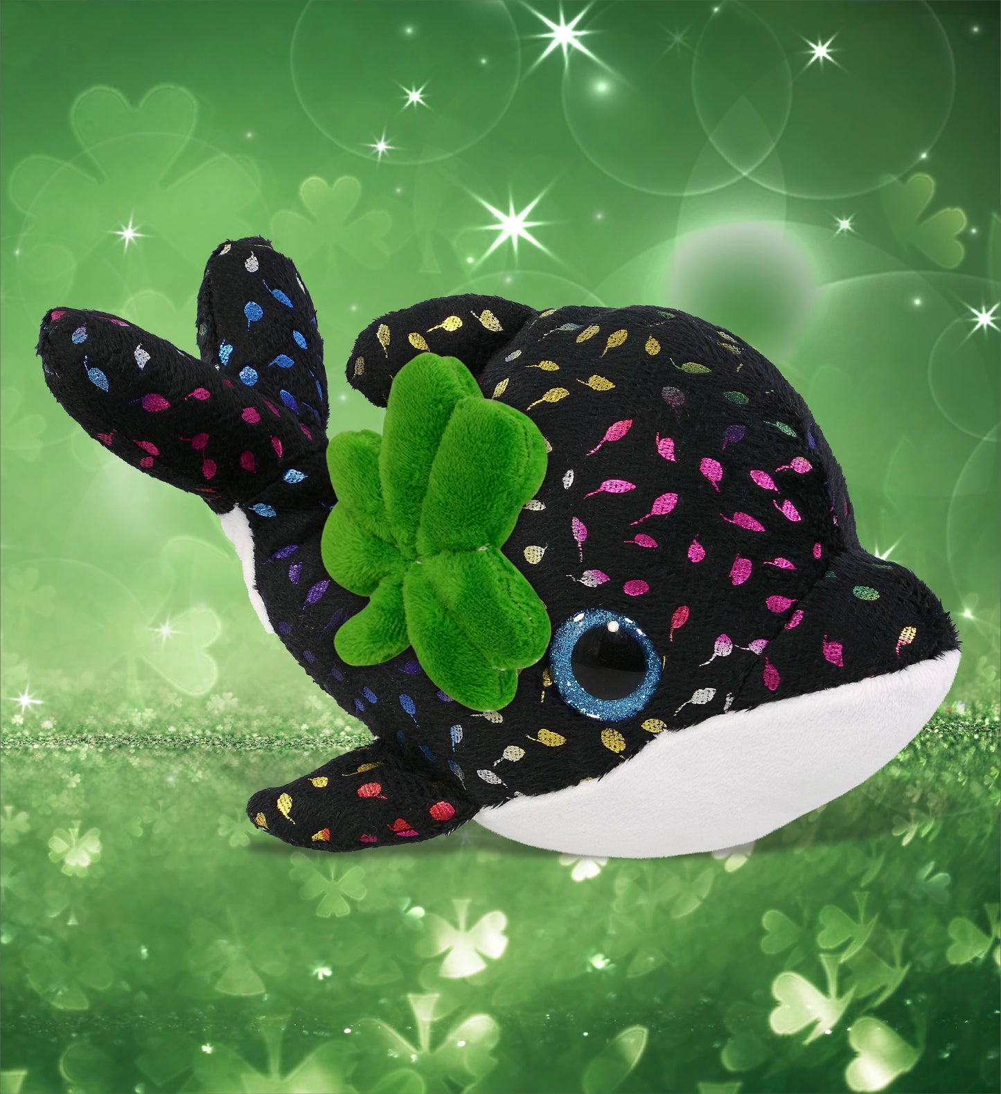 DolliBu Big Eye Orca Whale Stuffed Animal with Green Plush Shamrock - 8.5 Inch