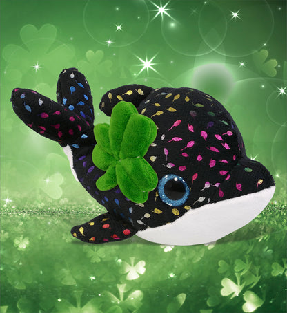 DolliBu Big Eye Orca Whale Stuffed Animal with Green Plush Shamrock - 8.5 Inch