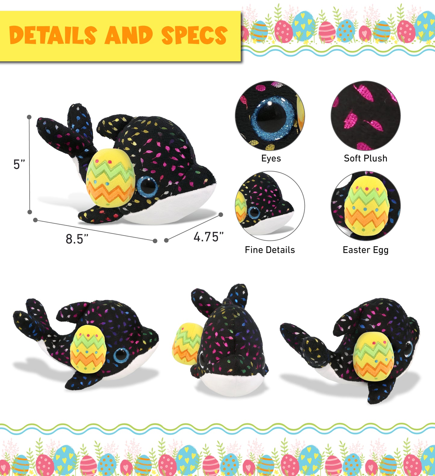 DolliBu Cute Big Eye Orca Whale with Yellow Easter Egg Plush - 8.5 Inches