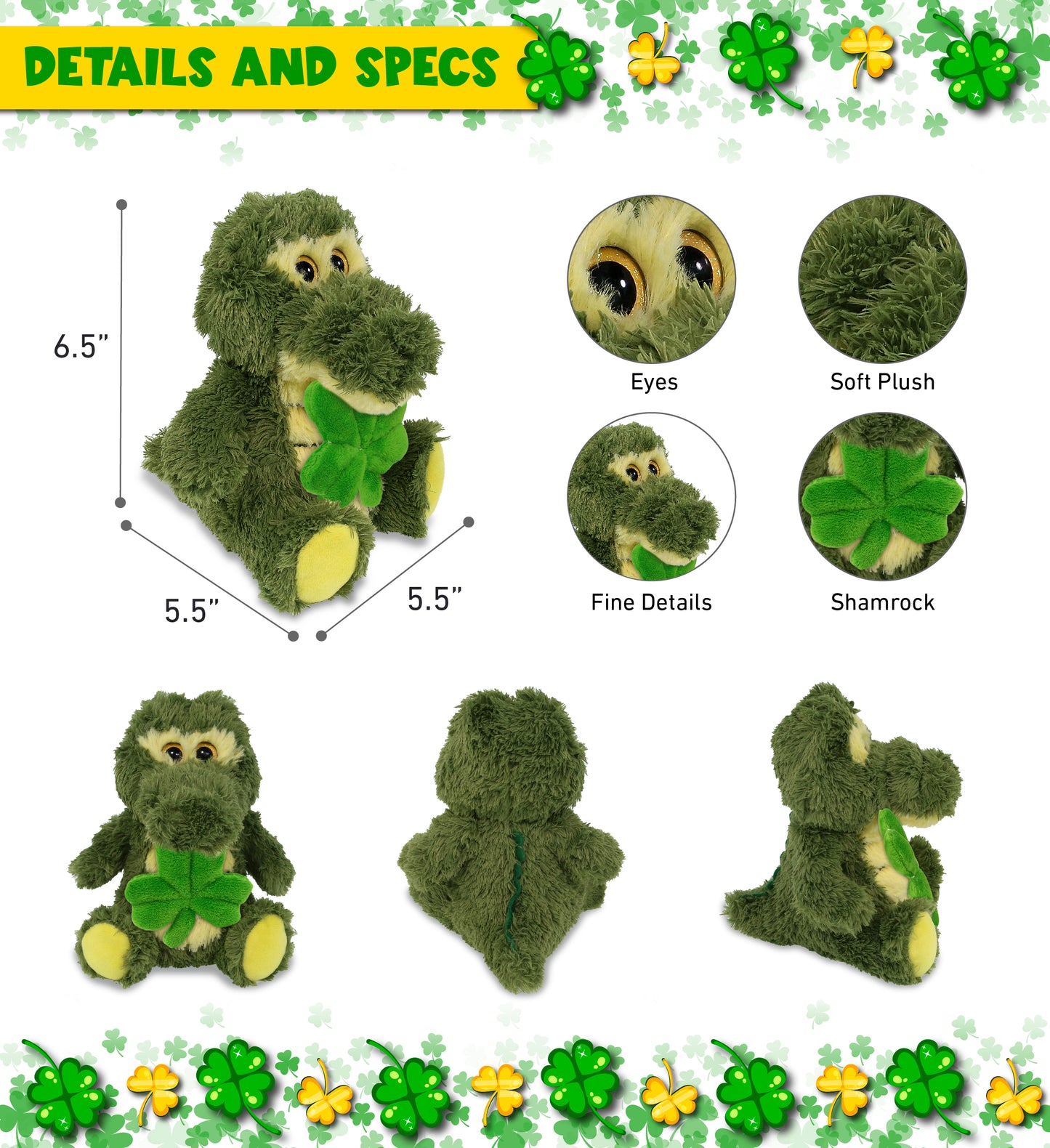 DolliBu Sitting Alligator Stuffed Animal with Green Plush Shamrock - 6.5 Inches