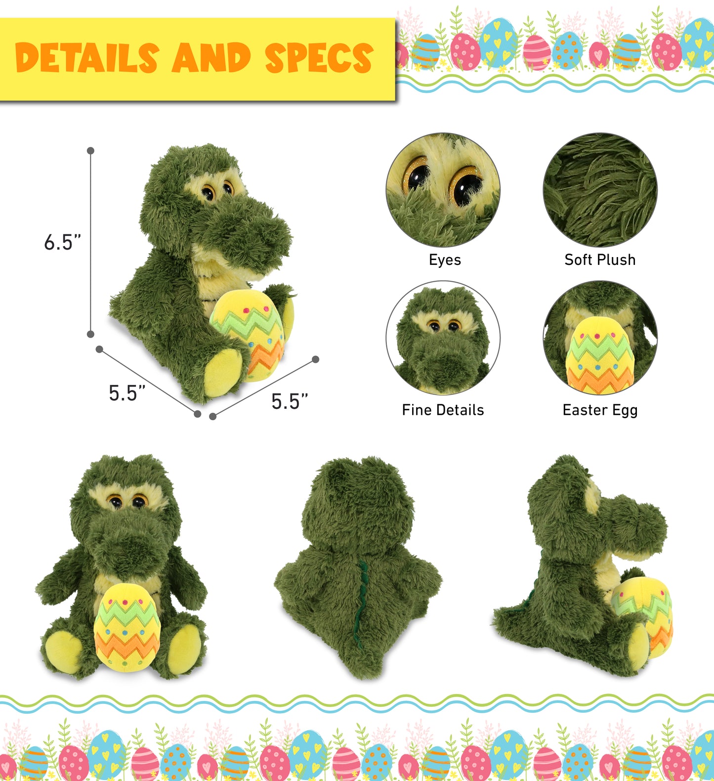 DolliBu Big Eye Sitting Alligator with Yellow Easter Egg Plush - 6.5 Inches