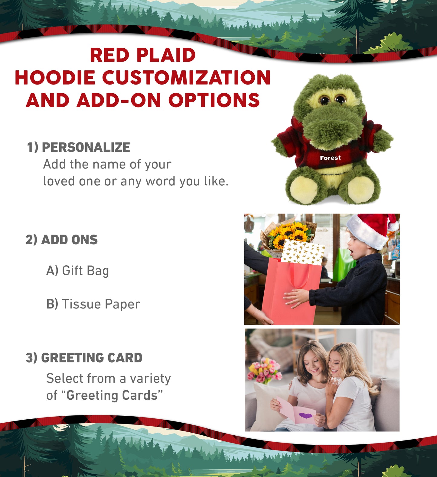 BIG EYE PLUSH - SITTING ALLIGATOR WITH RED PLAID HOODIE