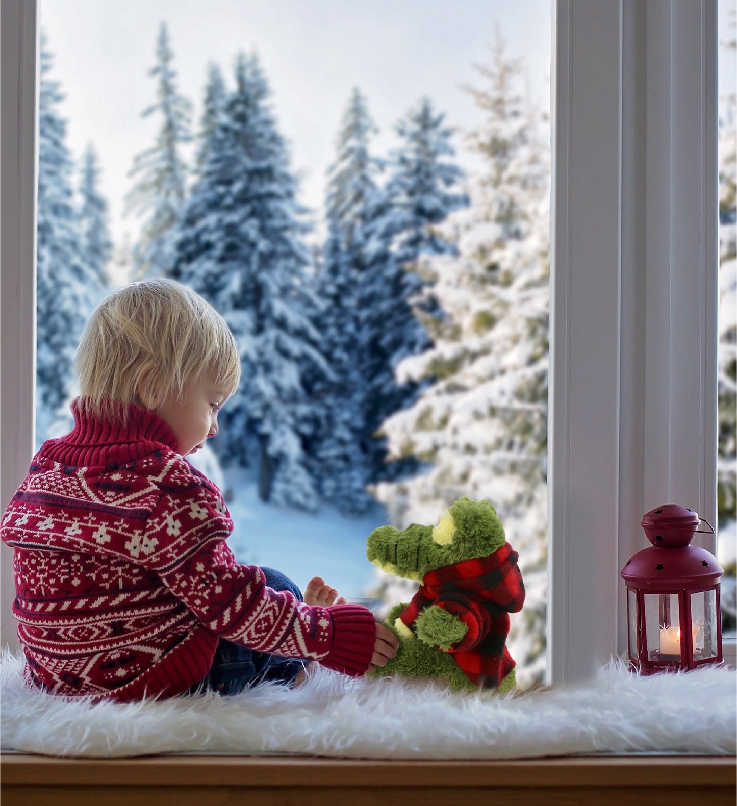 BIG EYE PLUSH - SITTING ALLIGATOR WITH RED PLAID HOODIE