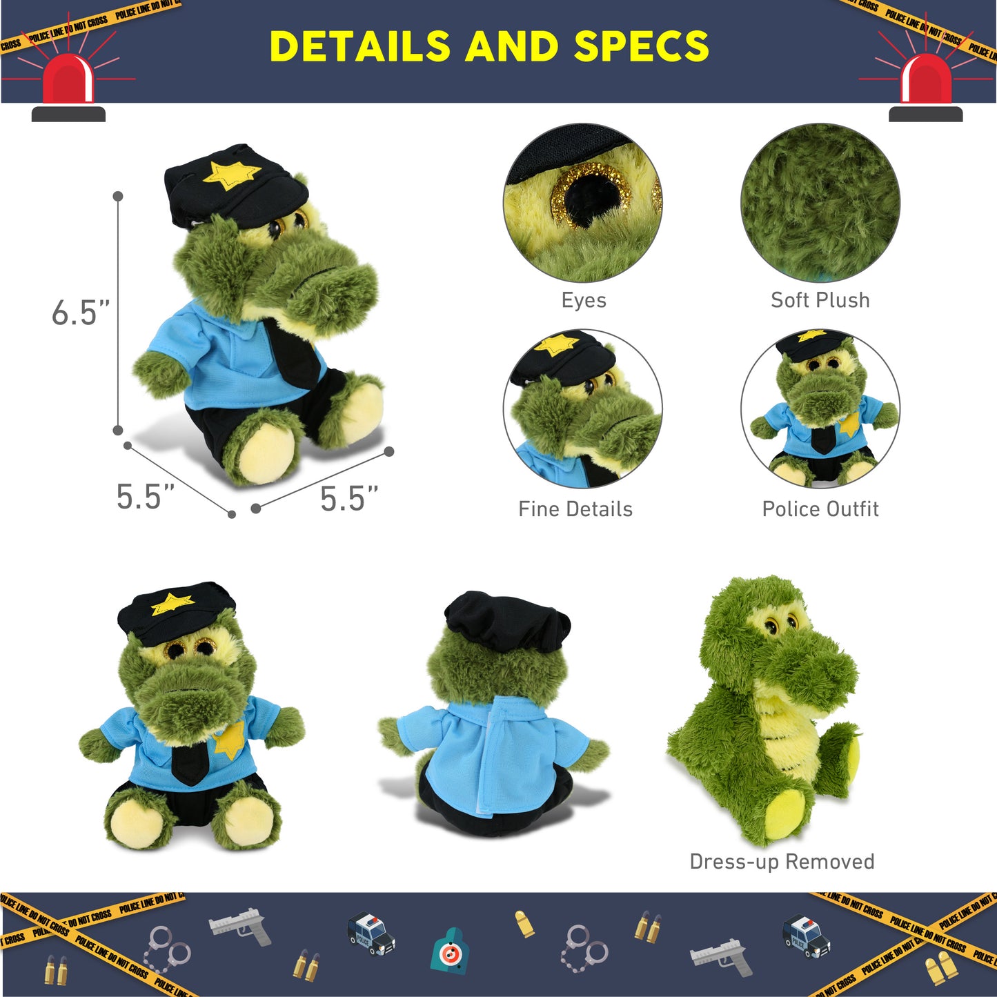 BIG EYE PLUSH - SITTING ALLIGATOR WITH POLICE DRESS UP