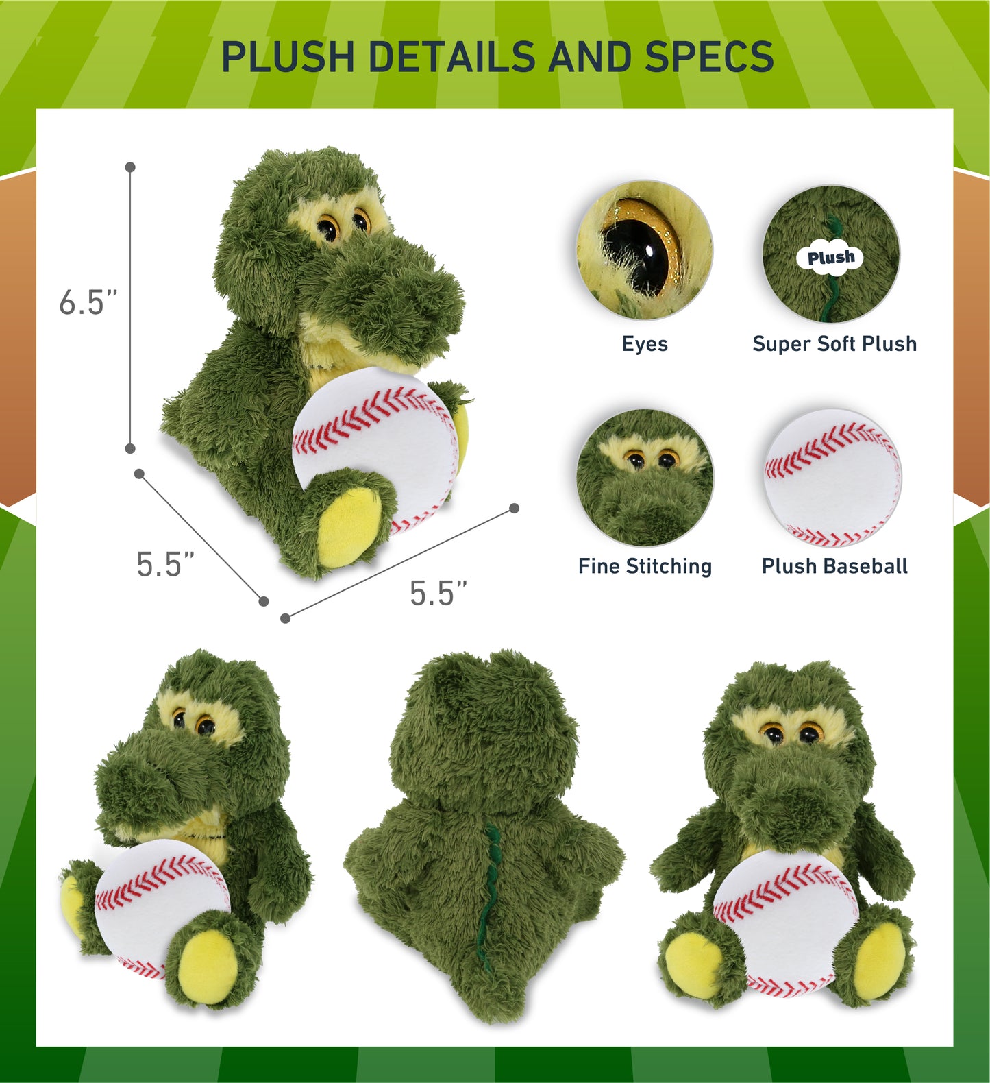 BIG EYE PLUSH - SITTING ALLIGATOR WITH BASEBALL PLUSH