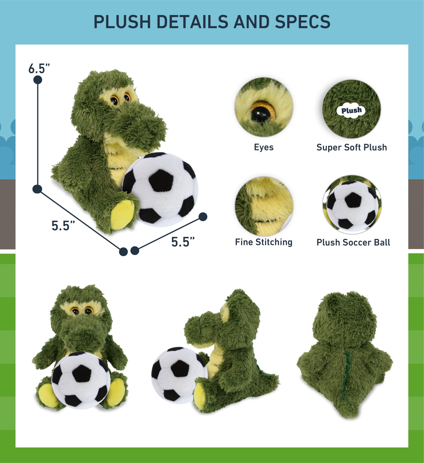 BIG EYE PLUSH - SITTING ALLIGATOR WITH SOCCER PLUSH
