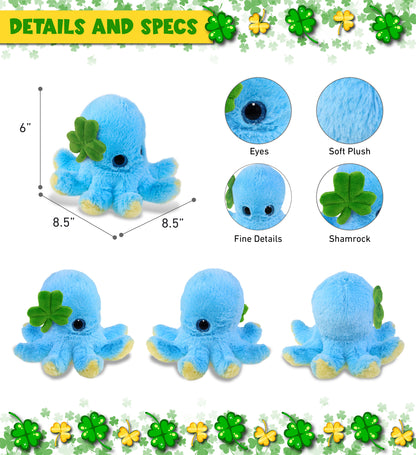DolliBu Blue Octopus Stuffed Animal with Green Plush Shamrock - 8.5 Inches