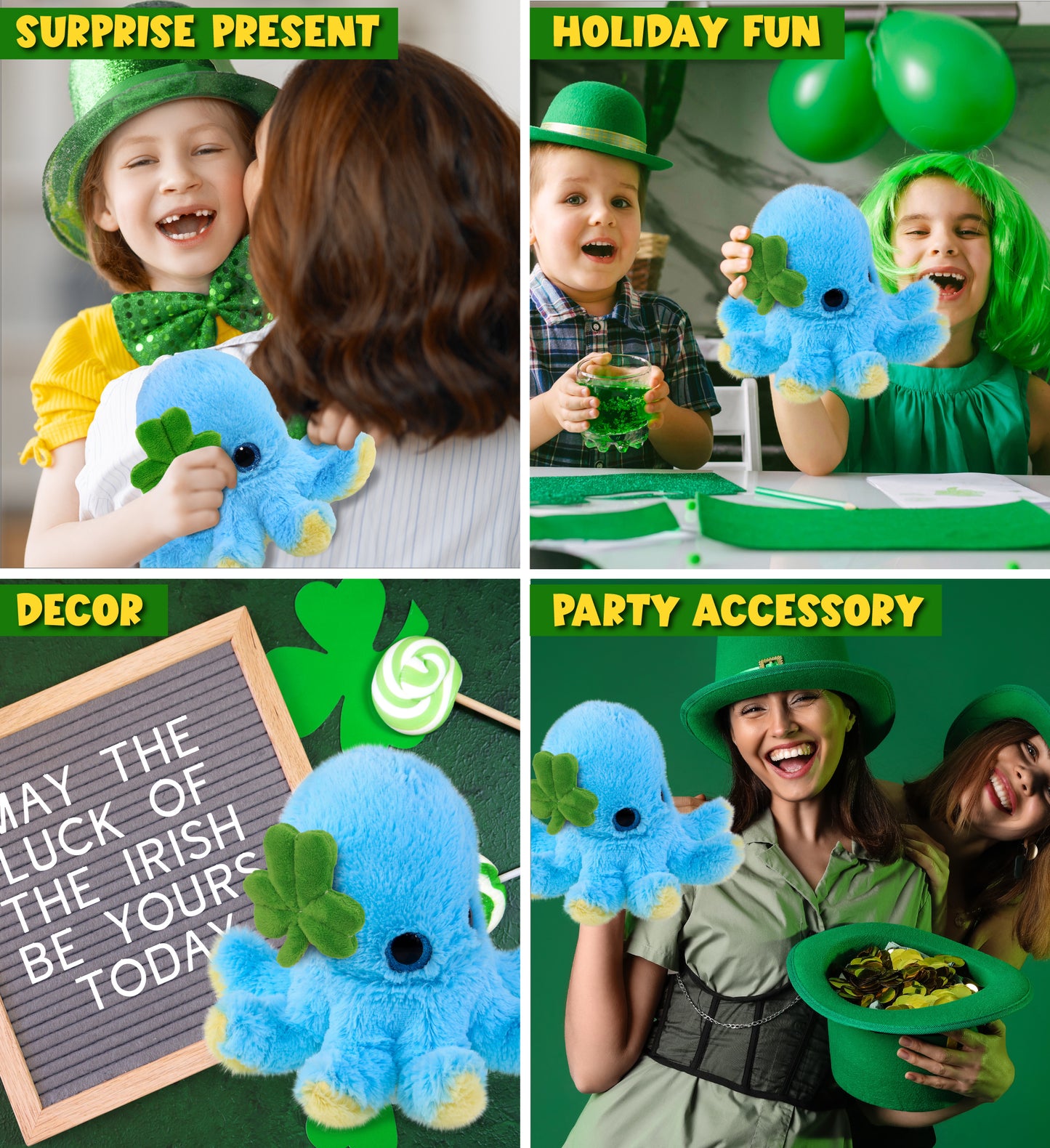 DolliBu Blue Octopus Stuffed Animal with Green Plush Shamrock - 8.5 Inches