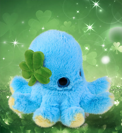 DolliBu Blue Octopus Stuffed Animal with Green Plush Shamrock - 8.5 Inches