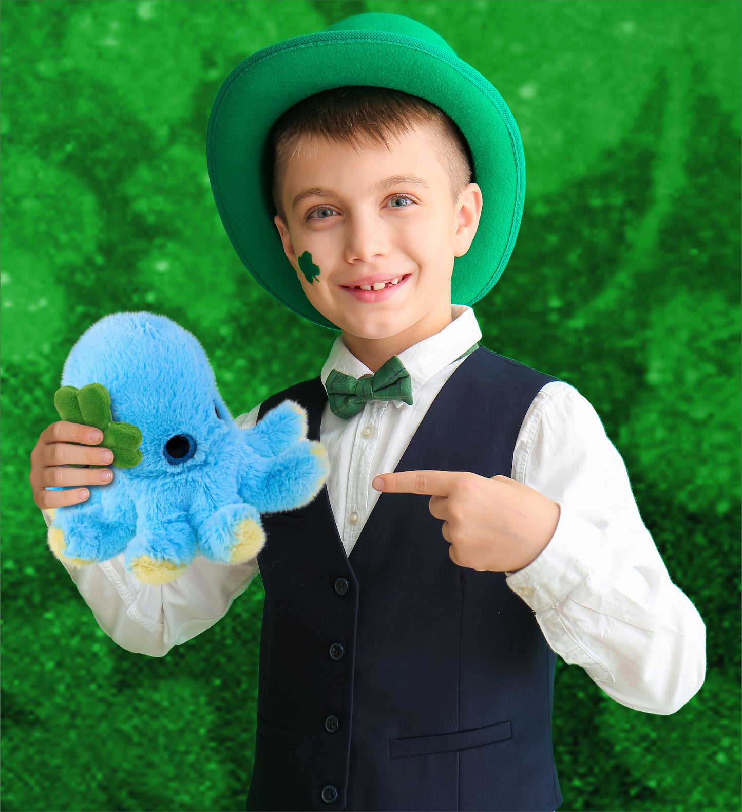 DolliBu Blue Octopus Stuffed Animal with Green Plush Shamrock - 8.5 Inches