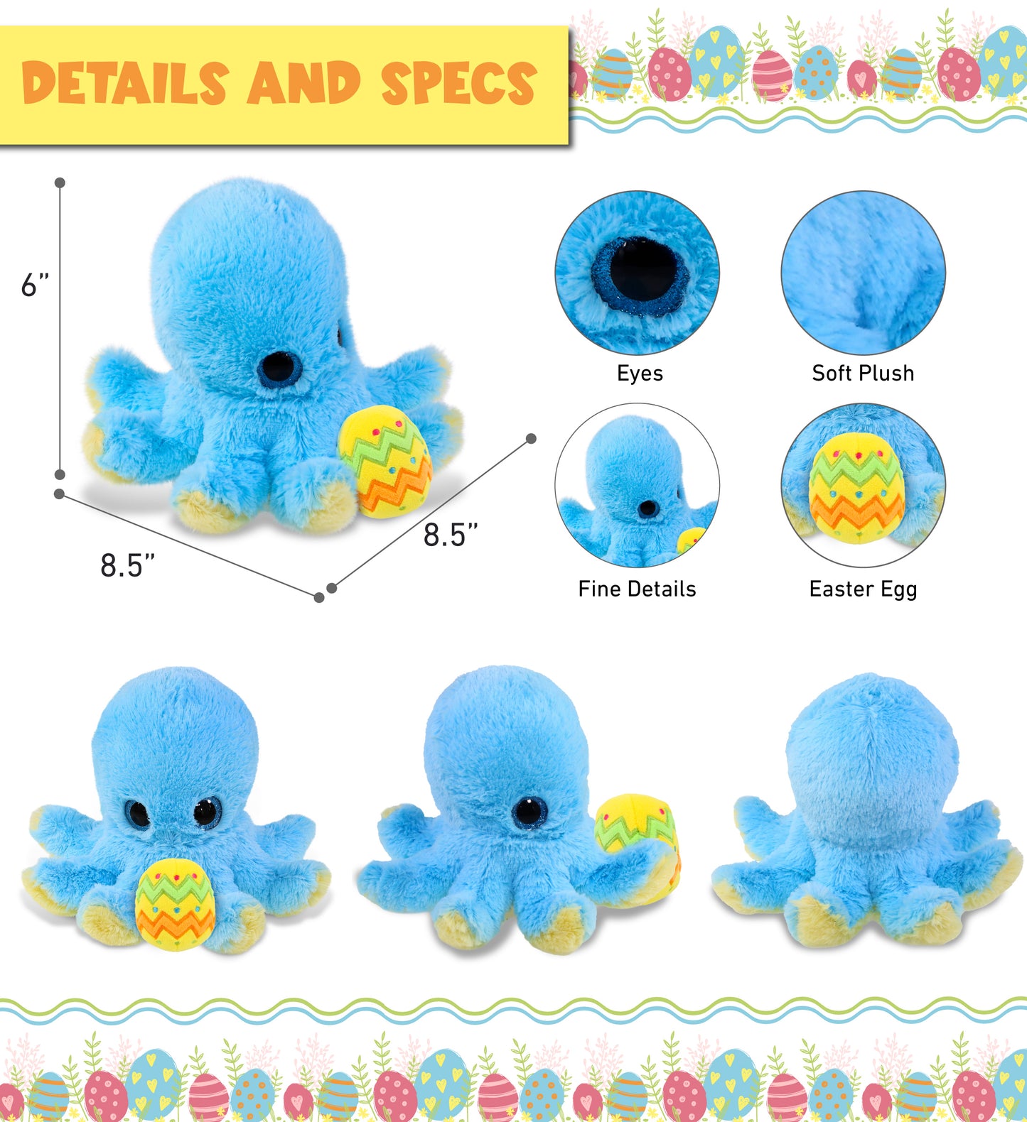 DolliBu Cute Big Eye Blue Octopus with Yellow Easter Egg Plush - 8.5  Inches