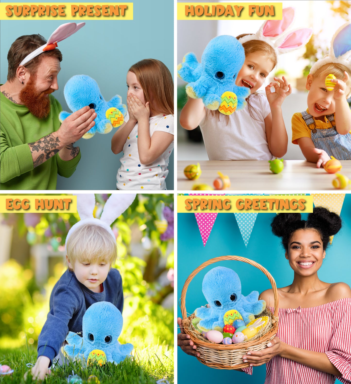 DolliBu Cute Big Eye Blue Octopus with Yellow Easter Egg Plush - 8.5  Inches