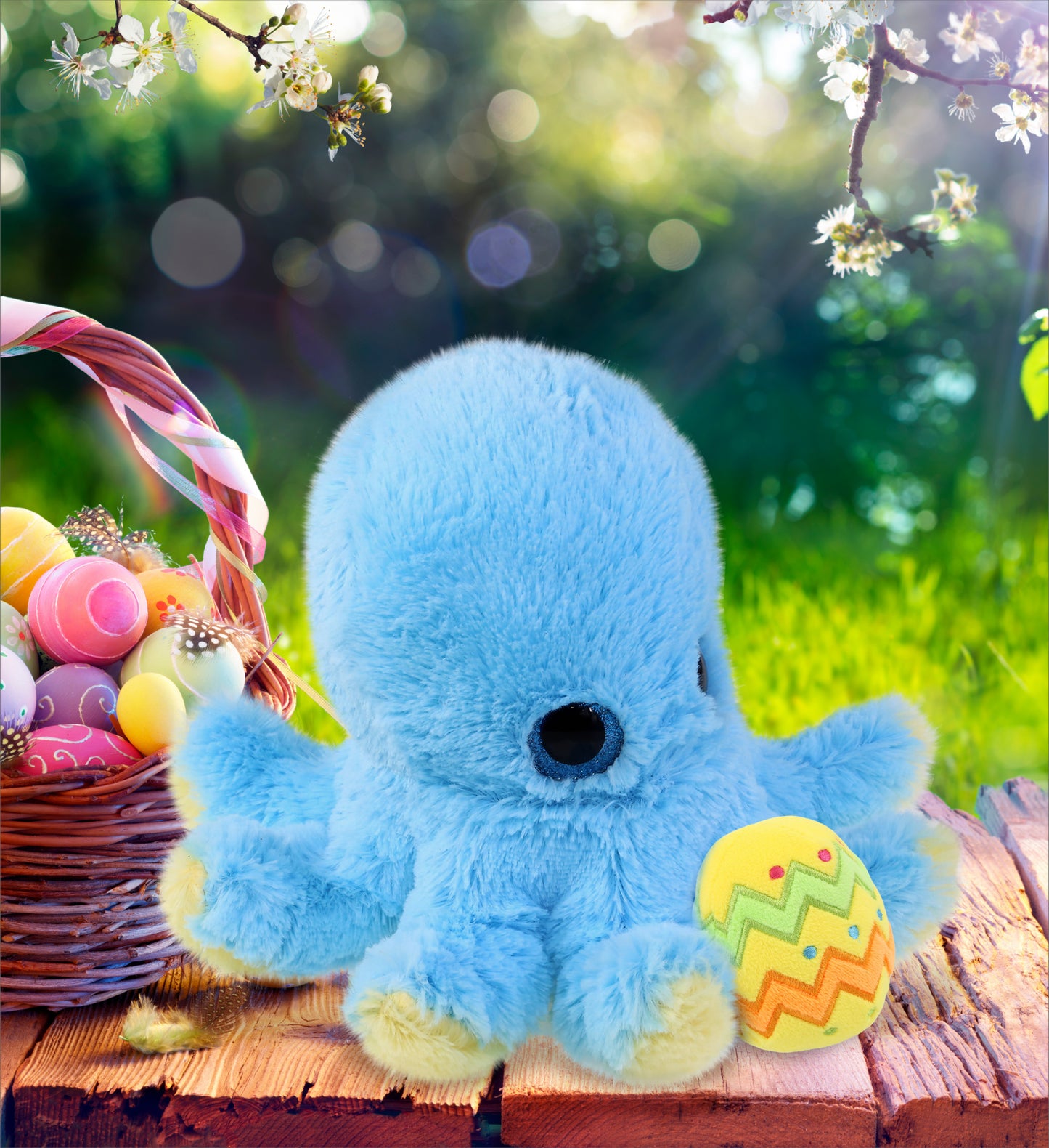 DolliBu Cute Big Eye Blue Octopus with Yellow Easter Egg Plush - 8.5  Inches