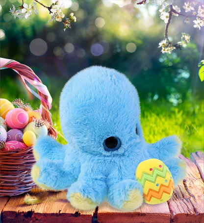 DolliBu Cute Big Eye Blue Octopus with Yellow Easter Egg Plush - 8.5  Inches