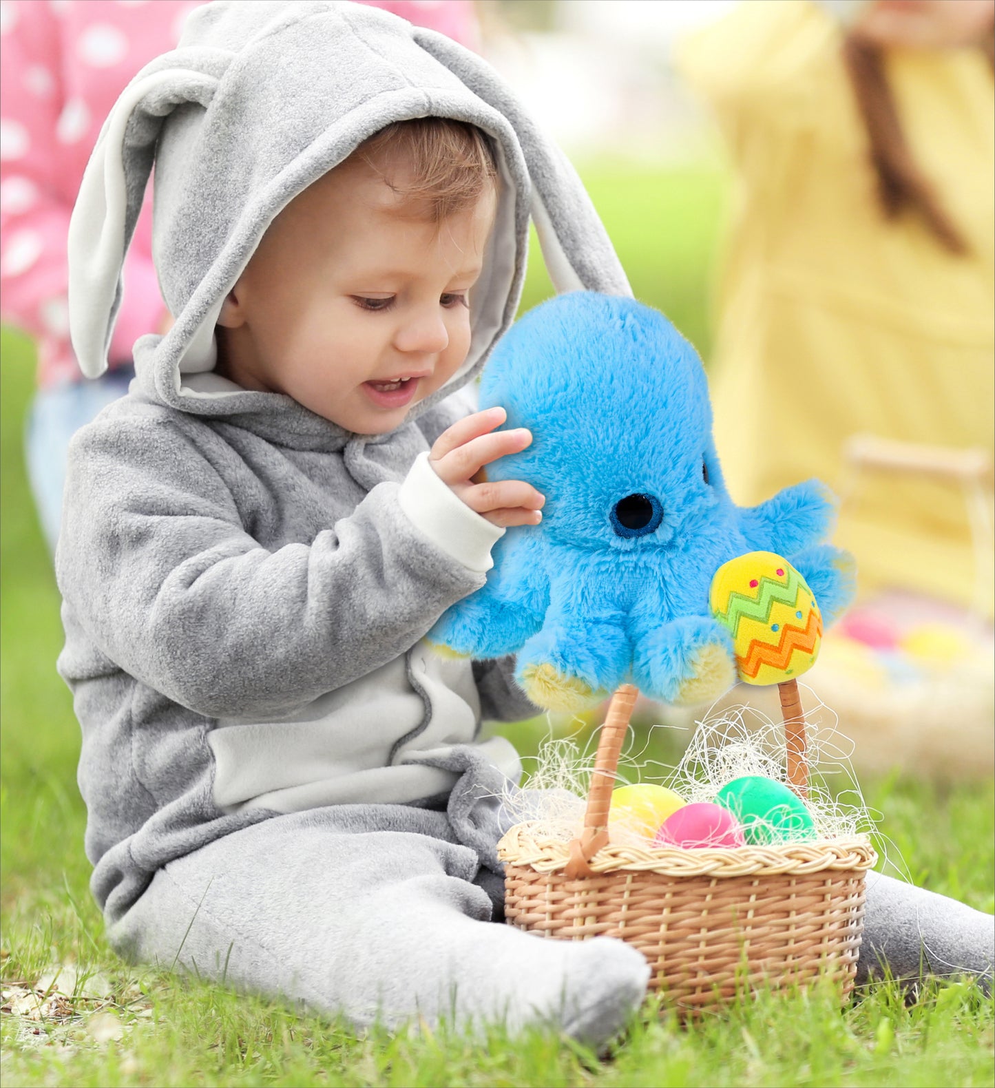 DolliBu Cute Big Eye Blue Octopus with Yellow Easter Egg Plush - 8.5  Inches
