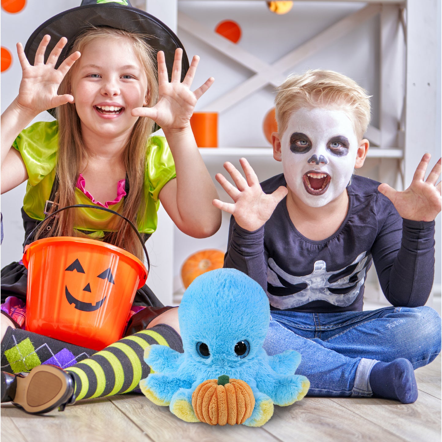 BIG EYE PLUSH - BLUE OCTOPUS WITH PUMPKIN PLUSH