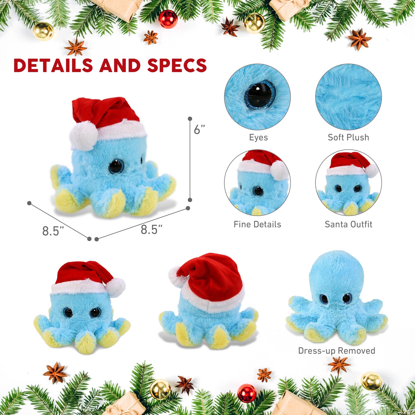 BIG EYE PLUSH - BLUE OCTOPUS WITH SANTA DRESS UP