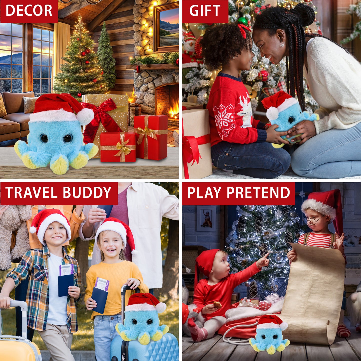 BIG EYE PLUSH - BLUE OCTOPUS WITH SANTA DRESS UP