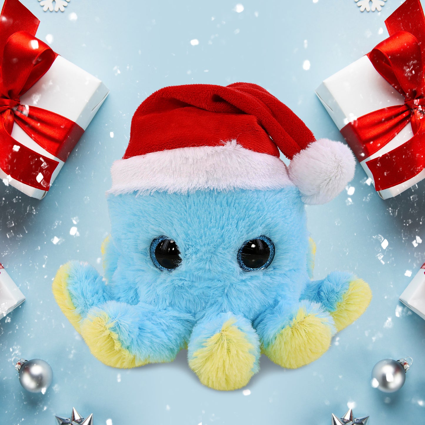 BIG EYE PLUSH - BLUE OCTOPUS WITH SANTA DRESS UP