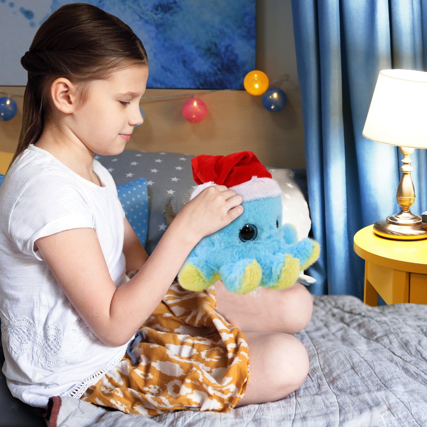 BIG EYE PLUSH - BLUE OCTOPUS WITH SANTA DRESS UP