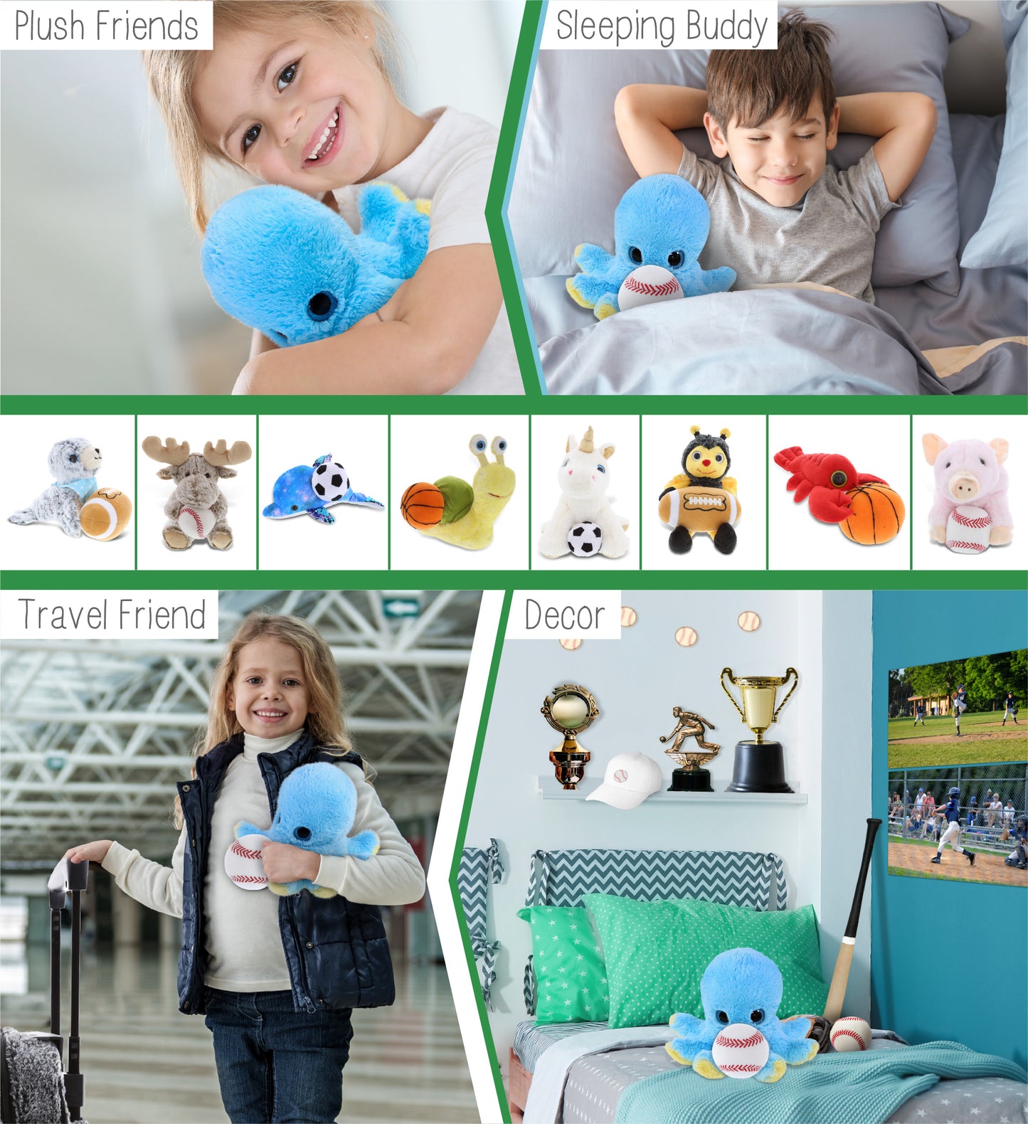 BIG EYE PLUSH - BLUE OCTOPUS WITH BASEBALL PLUSH