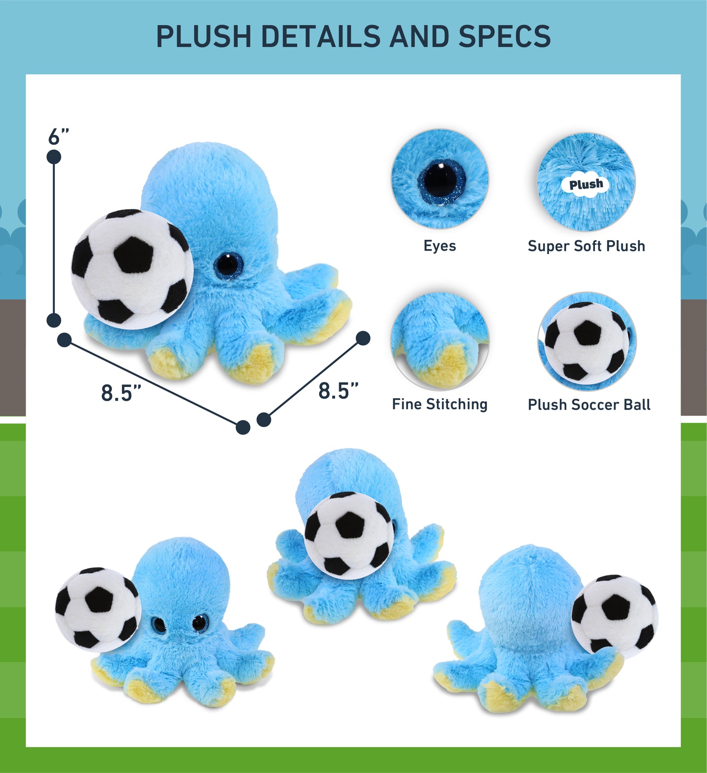 BIG EYE PLUSH - BLUE OCTOPUS WITH SOCCER PLUSH