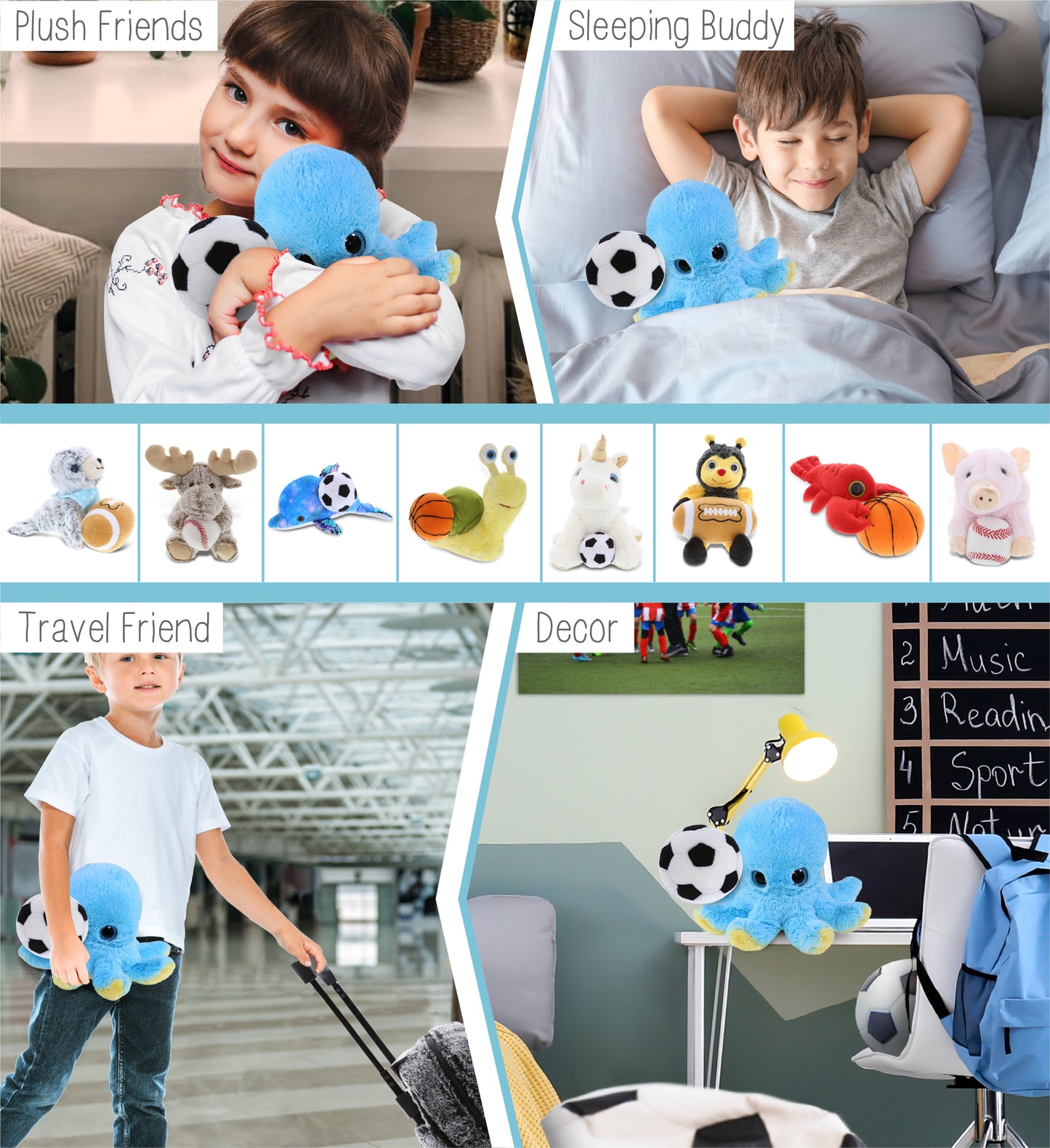 BIG EYE PLUSH - BLUE OCTOPUS WITH SOCCER PLUSH